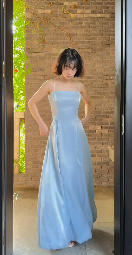 GGorgeous Blue Prom Dress Straps Sheath Satin Long Evening Dress ED09637