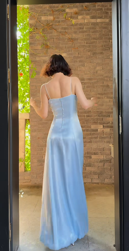 GGorgeous Blue Prom Dress Straps Sheath Satin Long Evening Dress ED09637