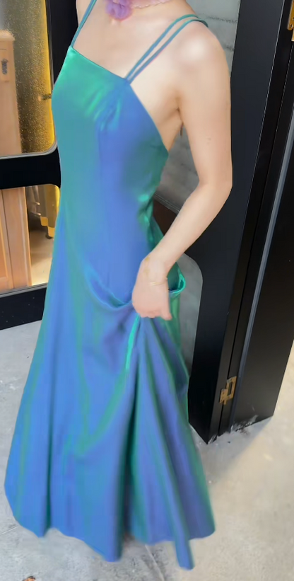 Gorgeous Peacock Blue‑Green Prom Dress Straps Sheath Satin Long Evening Dress ED09638