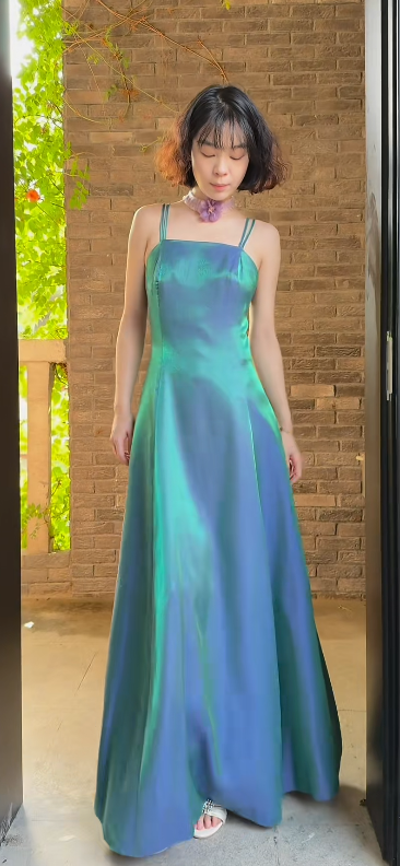 Gorgeous Peacock Blue‑Green Prom Dress Straps Sheath Satin Long Evening Dress ED09638