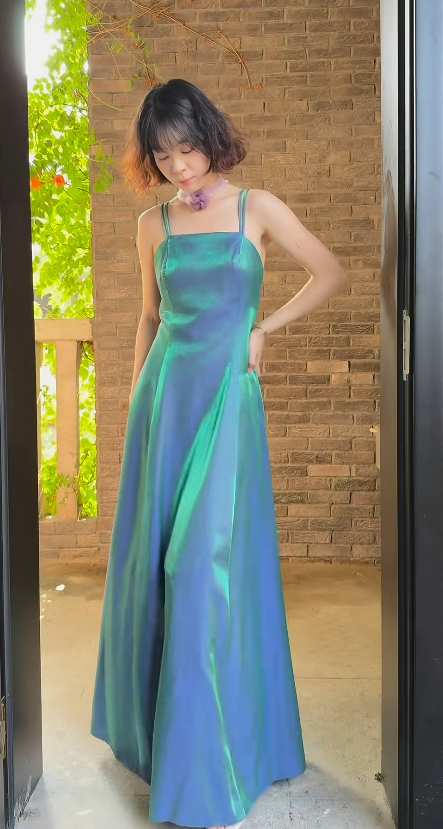 Gorgeous Peacock Blue‑Green Prom Dress Straps Sheath Satin Long Evening Dress ED09638