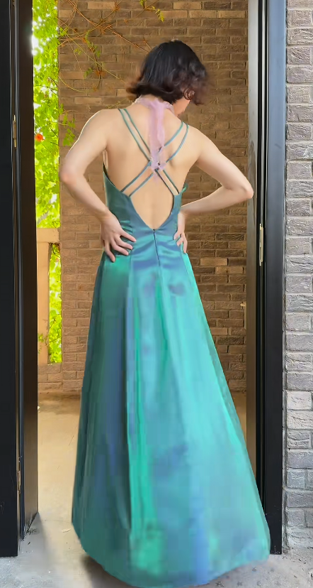 Gorgeous Peacock Blue‑Green Prom Dress Straps Sheath Satin Long Evening Dress ED09638