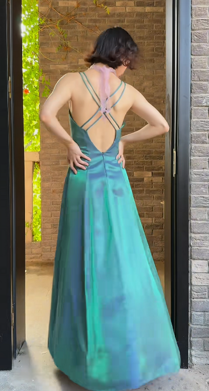 Gorgeous Peacock Blue‑Green Prom Dress Straps Sheath Satin Long Evening Dress ED09638