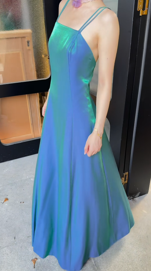 Gorgeous Peacock Blue‑Green Prom Dress Straps Sheath Satin Long Evening Dress ED09638