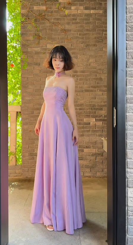 Gorgeous Lilac Prom Dress Strapless A-Line Satin Long Evening Dress ED09639