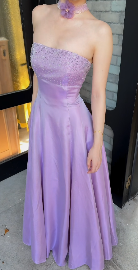 Gorgeous Lilac Prom Dress Strapless A-Line Satin Long Evening Dress ED09639