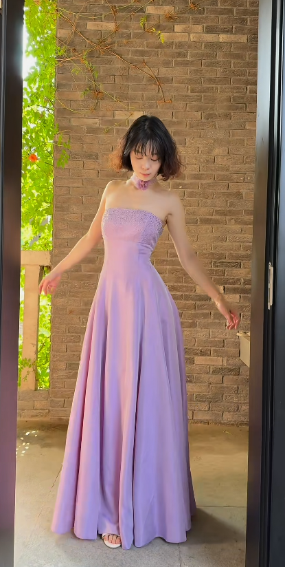 Gorgeous Lilac Prom Dress Strapless A-Line Satin Long Evening Dress ED09639