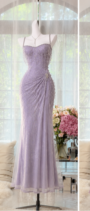 Gorgeous Lavender Prom Dress Straps Sheath Beaded Chiffon Long Evening Dress ED09641