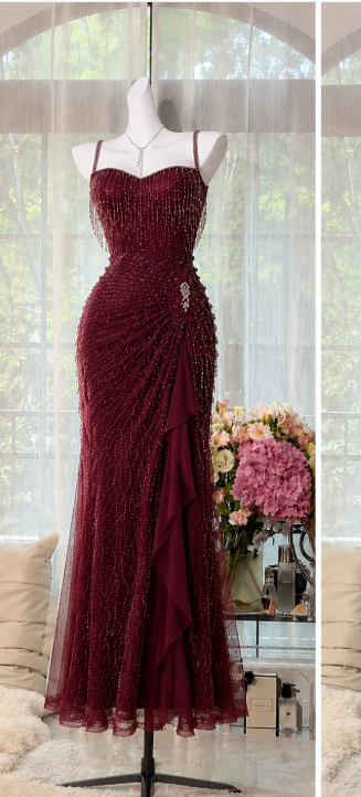 Gorgeous Burgundy Prom Dress Straps Sheath Beaded Chiffon Long Evening Dress ED09643