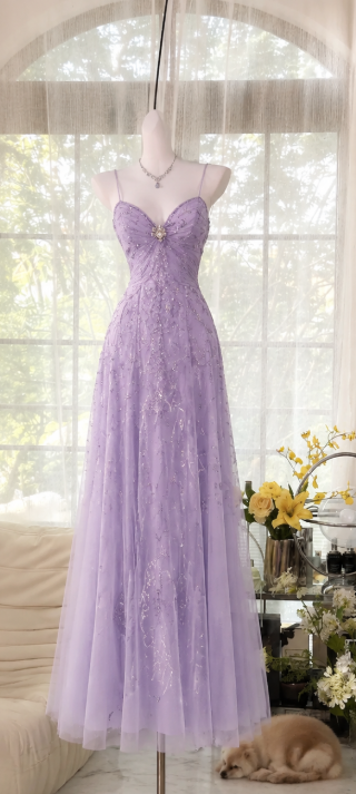 Gorgeous Lilac Prom Dress Straps Sheath Beaded Chiffon Long Evening Dress ED09645