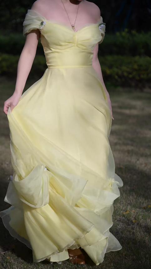 Gorgeous Yellow Prom Dress Off-shoulder A-line Tulle Long Evening Dress ED09646