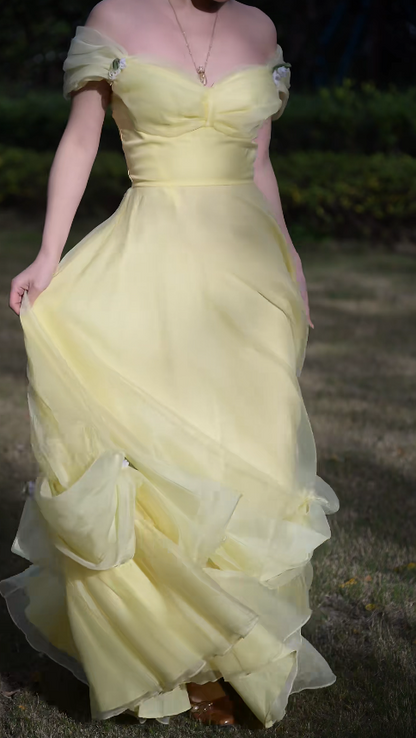 Gorgeous Yellow Prom Dress Off-shoulder A-line Tulle Long Evening Dress ED09646