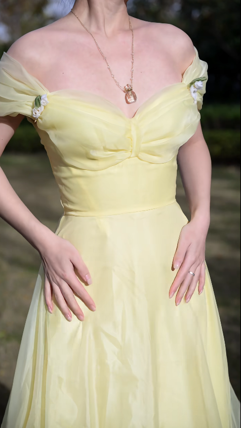 Gorgeous Yellow Prom Dress Off-shoulder A-line Tulle Long Evening Dress ED09646