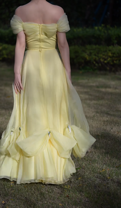 Gorgeous Yellow Prom Dress Off-shoulder A-line Tulle Long Evening Dress ED09646