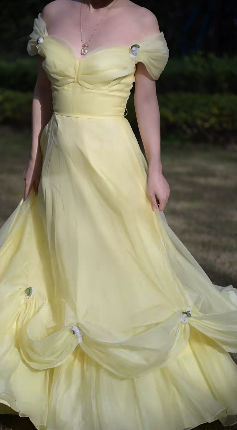 Gorgeous Yellow Prom Dress Off-shoulder A-line Tulle Long Evening Dress ED09646