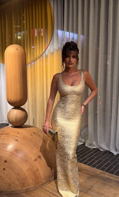 Gorgeous Gold Prom Dress Straps Sheath Satin Long Evening Dress ED09648