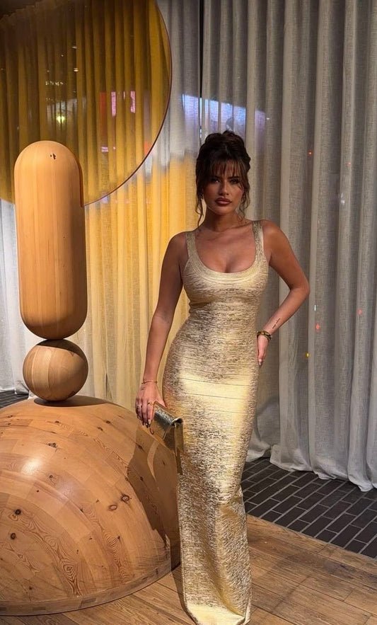 Gorgeous Gold Prom Dress Straps Sheath Satin Long Evening Dress ED09648
