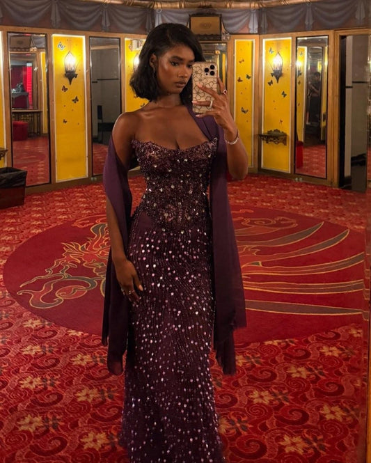 Gorgeous Purple Prom Dress Strapless Sheath Chiffon Sequins Long Evening Dress ED09649
