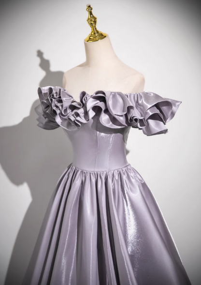 Gray Purple A-line Off-shoulder Satin Long Prom Dress, Gray Purple  Evening Dress ED0964