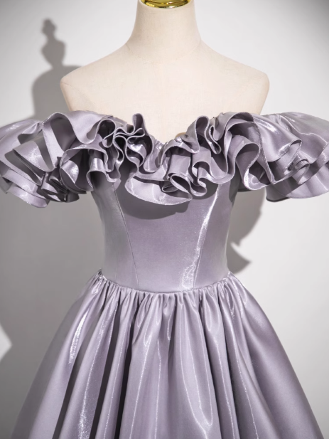 Gray Purple A-line Off-shoulder Satin Long Prom Dress, Gray Purple  Evening Dress ED0964