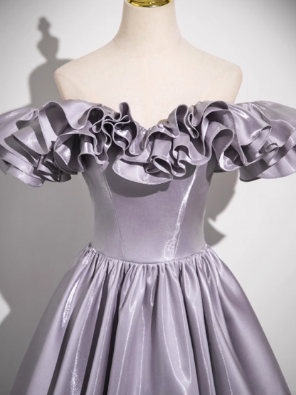 Gray Purple A-line Off-shoulder Satin Long Prom Dress, Gray Purple  Evening Dress ED0964