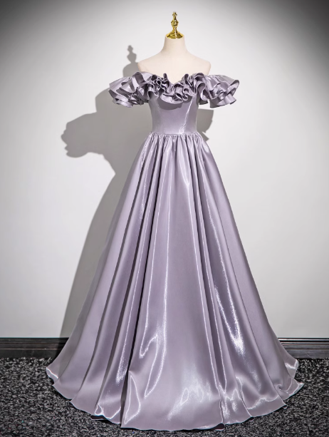 Gray Purple A-line Off-shoulder Satin Long Prom Dress, Gray Purple  Evening Dress ED0964