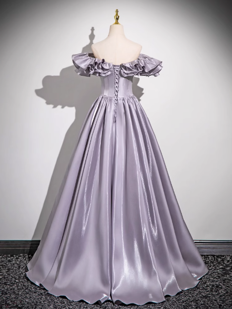 Gray Purple A-line Off-shoulder Satin Long Prom Dress, Gray Purple  Evening Dress ED0964