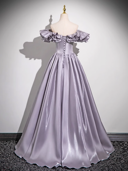 Gray Purple A-line Off-shoulder Satin Long Prom Dress, Gray Purple  Evening Dress ED0964