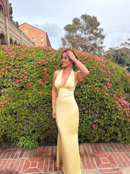 Gorgeous Yellow Prom Dress Halter Sheath Satin Long Evening Dress ED09650