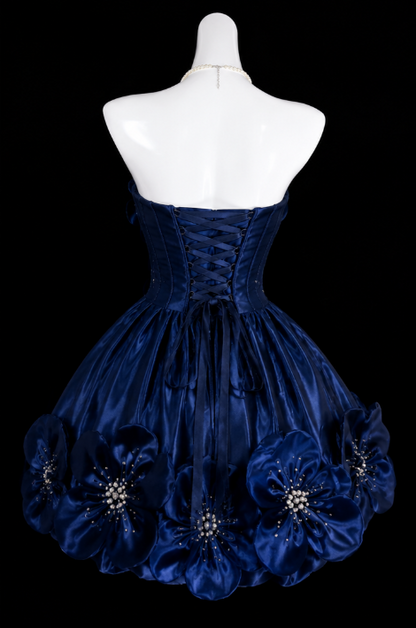 Cute Navy Blue Short Homecoming Dress A-Line Satin Dress for Party Strapless Birthday Dress   ED09651
