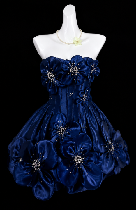 Cute Navy Blue Short Homecoming Dress A-Line Satin Dress for Party Strapless Birthday Dress   ED09651
