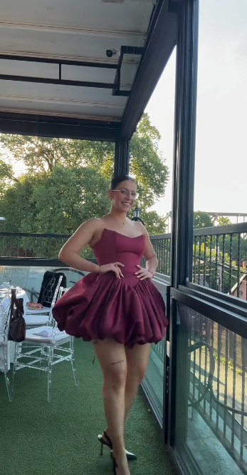 Cute Burgundy Short Homecoming Dress A-Line Satin Dress for Party Strapless Birthday Dress  ED09652