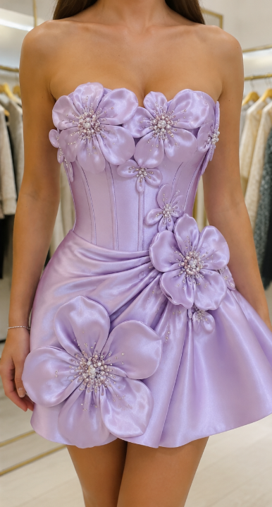 Robe de bal courte lavande mignonne Applique Robe de soirée en satin ligne A Robe d'anniversaire bustier ED09655