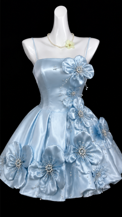 Jolie Robe Courte de Soirée Bleue Coupe A-Line en Satin avec Bretelles pour Anniversaire ED09657