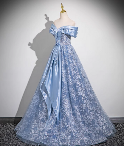 Blaues A-Linien-Ballkleid mit schulterfreiem Tüll und Satin, langes Ballkleid, blaues Abendkleid ED0965