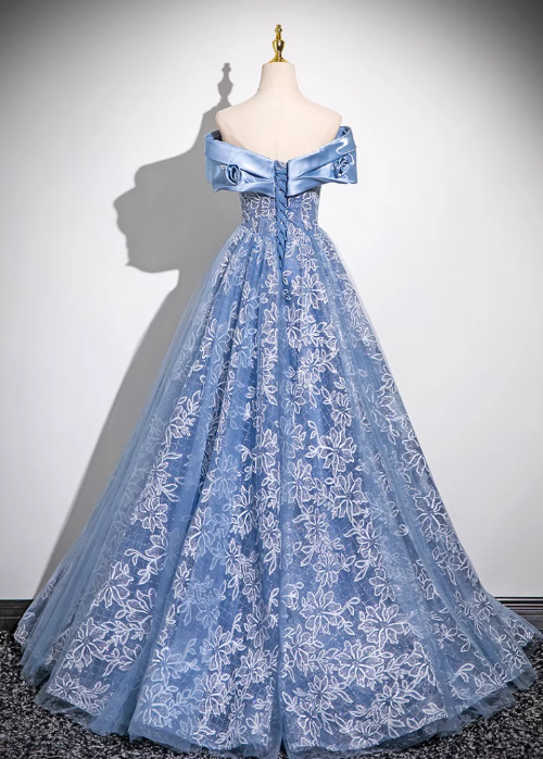 Blaues A-Linien-Ballkleid mit schulterfreiem Tüll und Satin, langes Ballkleid, blaues Abendkleid ED0965