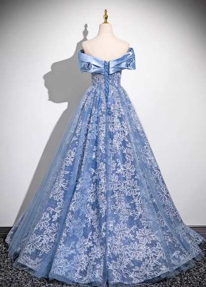 Blaues A-Linien-Ballkleid mit schulterfreiem Tüll und Satin, langes Ballkleid, blaues Abendkleid ED0965