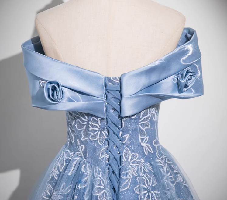 Blaues A-Linien-Ballkleid mit schulterfreiem Tüll und Satin, langes Ballkleid, blaues Abendkleid ED0965