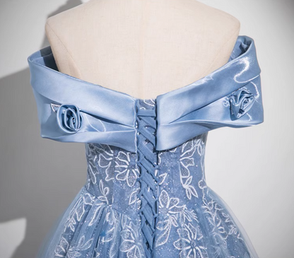 Blaues A-Linien-Ballkleid mit schulterfreiem Tüll und Satin, langes Ballkleid, blaues Abendkleid ED0965
