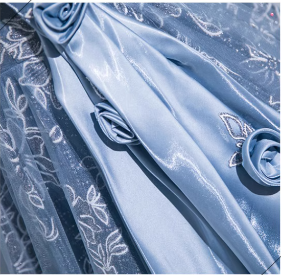 Blaues A-Linien-Ballkleid mit schulterfreiem Tüll und Satin, langes Ballkleid, blaues Abendkleid ED0965