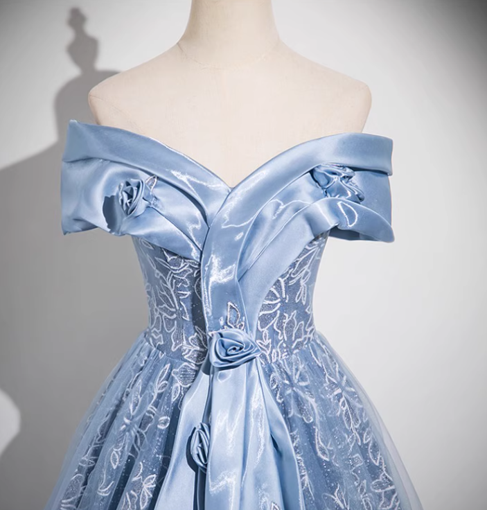 Blaues A-Linien-Ballkleid mit schulterfreiem Tüll und Satin, langes Ballkleid, blaues Abendkleid ED0965