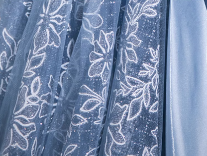Blaues A-Linien-Ballkleid mit schulterfreiem Tüll und Satin, langes Ballkleid, blaues Abendkleid ED0965