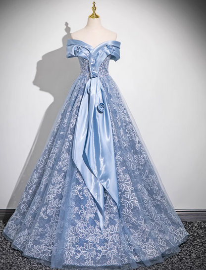 Blaues A-Linien-Ballkleid mit schulterfreiem Tüll und Satin, langes Ballkleid, blaues Abendkleid ED0965