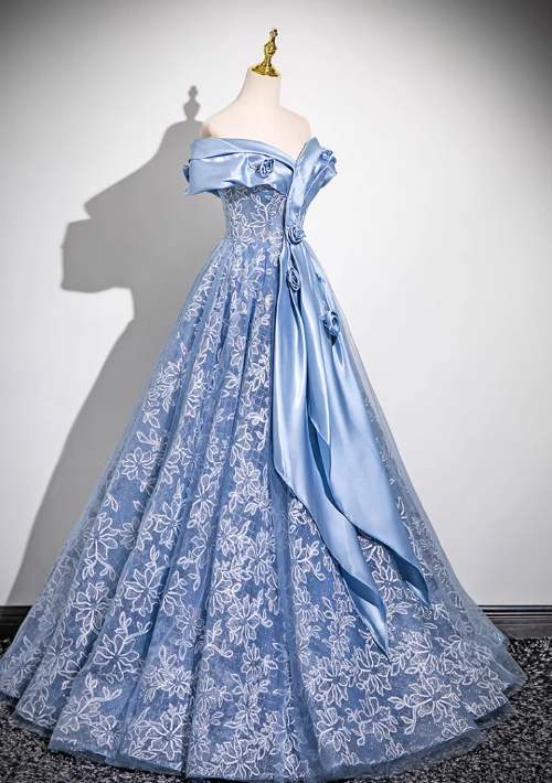 Blaues A-Linien-Ballkleid mit schulterfreiem Tüll und Satin, langes Ballkleid, blaues Abendkleid ED0965