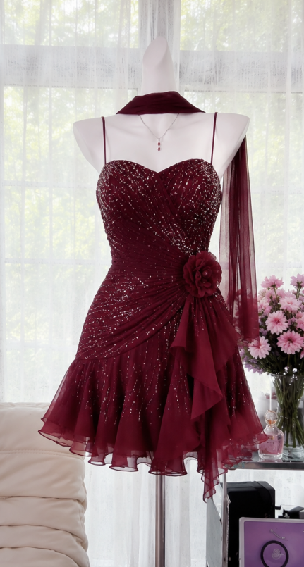 Mignonne robe de bal courte bordeaux Robe de soirée trapèze en satin ED09661