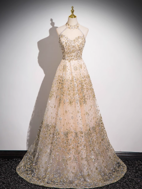 Champagne A-line tulle sequin long prom dress, champagne evening dress ED0966