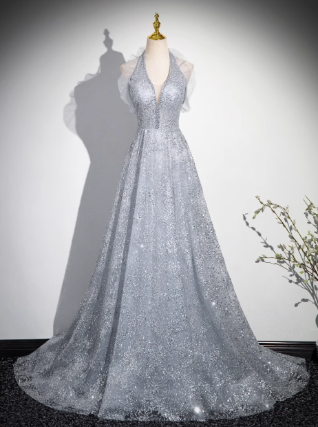 A-line V-neck mesh sequin long prom dress, evening dress ED0967