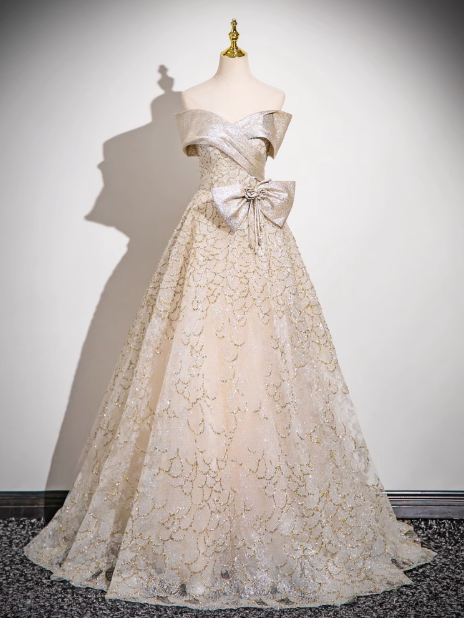 A-line off-shoulder satin tulle sequin long prom dress, evening dress ED0968