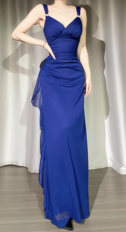 Modest Blue Prom Dress Straps Sheath Chiffon Evening Dress ED09690