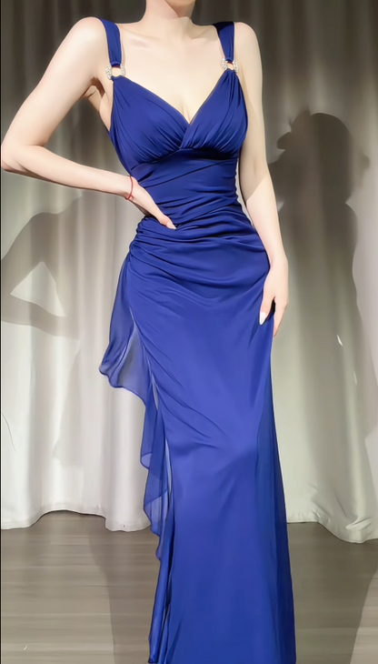 Modest Blue Prom Dress Straps Sheath Chiffon Evening Dress ED09690